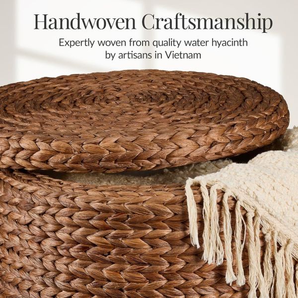 Tall Water Hyacinth Wicker Basket with Handles | Natural, Brown, Natural Bathroom Trash Can Boho Style - Wicker Trash Can With Lid For Household, Kitchen - Removable Liner, Iron Frame