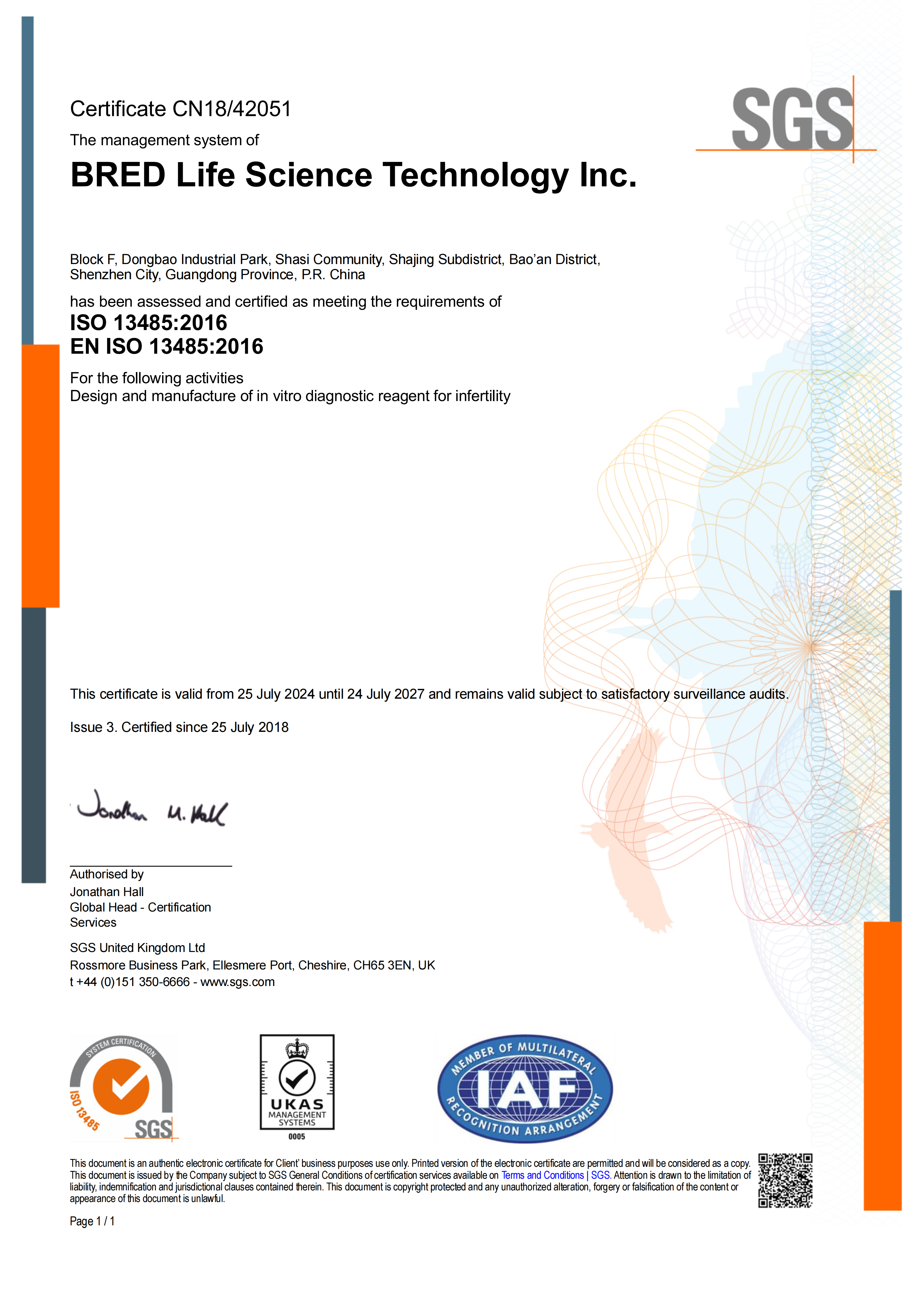 BRED Life Science Technology Inc. Certifications