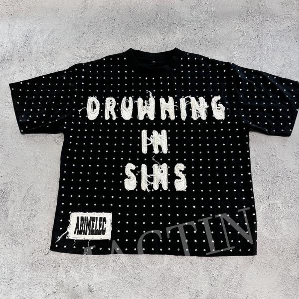 Custom Streetwear Rhinestone Cropped T Shirt Distressed Embroidery Patched For Men