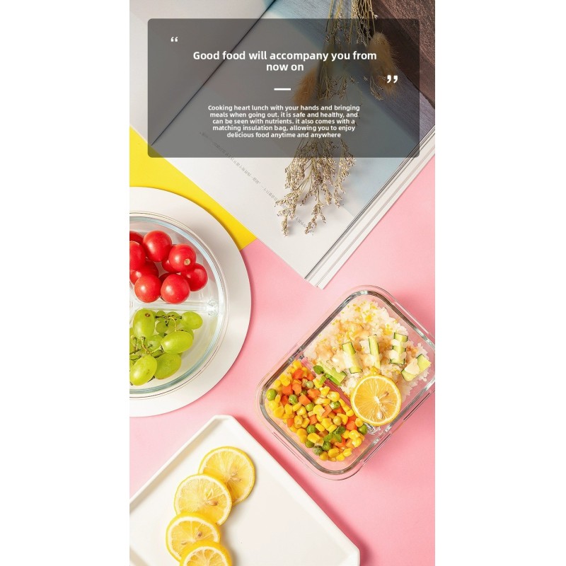 Microwaveable Transparent Glass Crisper Lunch Box Seal Proof Food Container with Plastic Lid for Office Workers