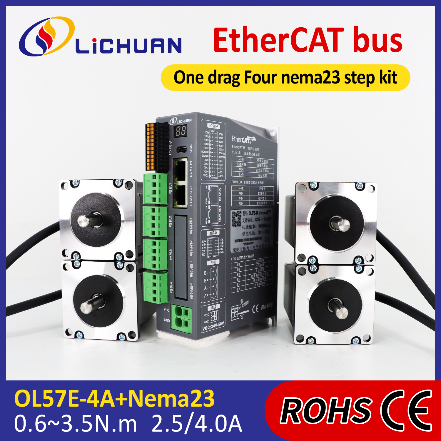 Lichuan 4A DC Open Loop Stepper Motor Drivers Kit EtherCAT 2.4N.m 2 Phase Nema23 DC24V～50V 2.5/4.0A