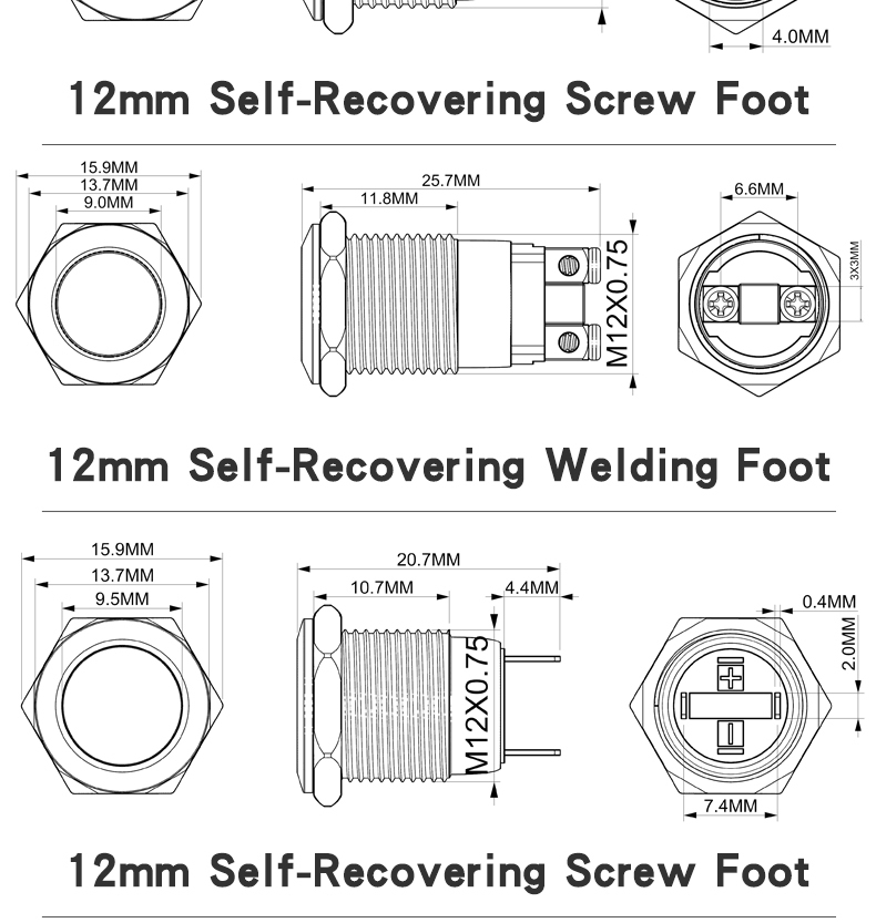 12mm Metal 2-Pin Push Button Switch, Self-Locking and Self-Resetting, Screw Terminals, Solder Pins, No Light, High Flat Head, Small Modding Button