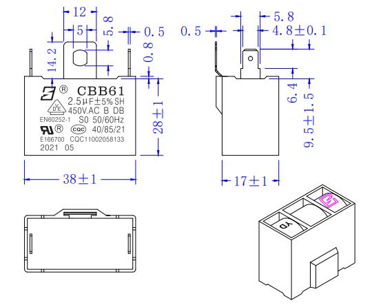 CBB61 450V 2.5UF AC Управление двигателем конденсатор Стол вентилятор конденсатор 10000 часов самовосстановление