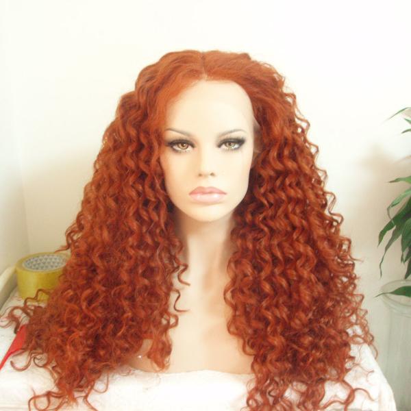 Red Color Curly Kanekalon Fiber Lace Front Wigs Natural Hairline