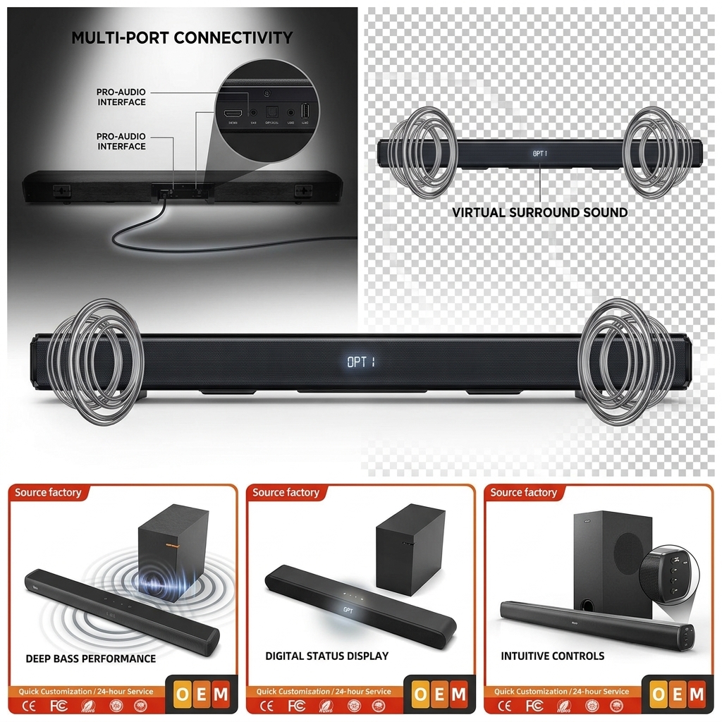 Wireless Soundbar Speaker ASW100-2.1U 100W 3D ARC Surround Sound ARC HDMI Deep Bass