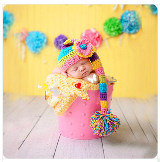 colorful long tail baby hat cap cotton Baby Photography Prop Crochet Hats beanie set