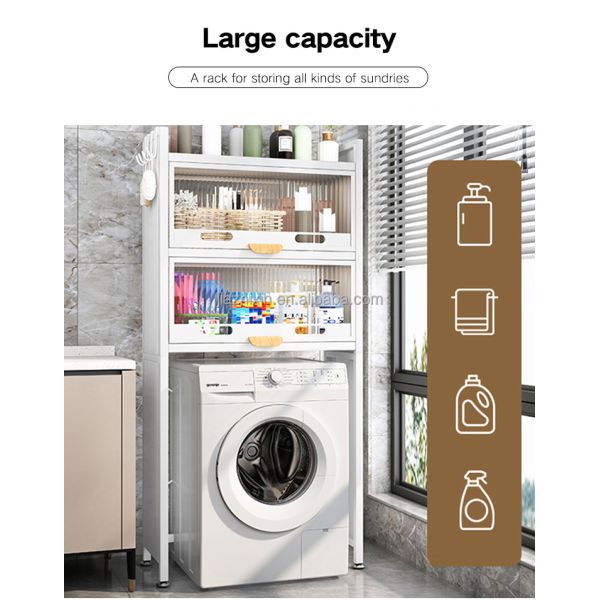 With Cabinet Door  Bathroom Cabinet Foldable Washing Machine Organiser Storage Rack Metal Above Shelf Over the Toilet Rack