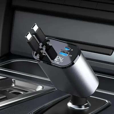4 in 1 Car Fast Charger Retractable 100W for iPhone Type C Cables and 2 Charging Ports