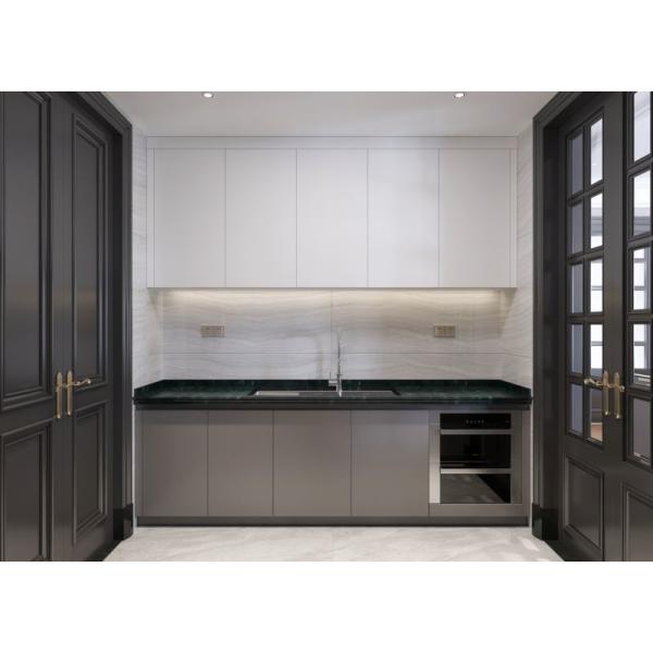 Armarios de cocina de estilo industrial de metal frío con diseño de doble espacio