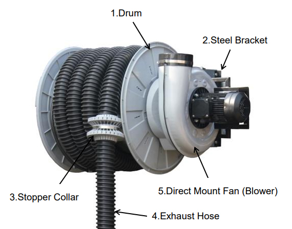 7.6cm 1.02cm Spring Loaded Air Hose Reel 0.55kw Exhaust Fume Extractor
