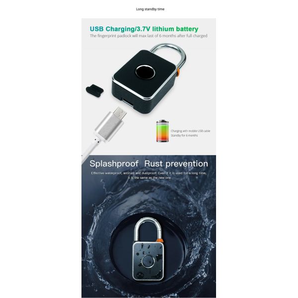 Biometric Fingerprint Smart Electronic Portable Zinc Alloy Hardened Shackle Temperature Resistant 110g Lightweight Security