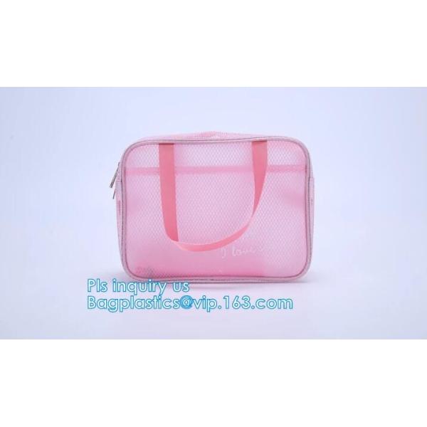 Embroidery Logo black nylon mesh cosmetic bag with zipper, mesh net zipper cosmetic makeup bag with custom logo, Women M