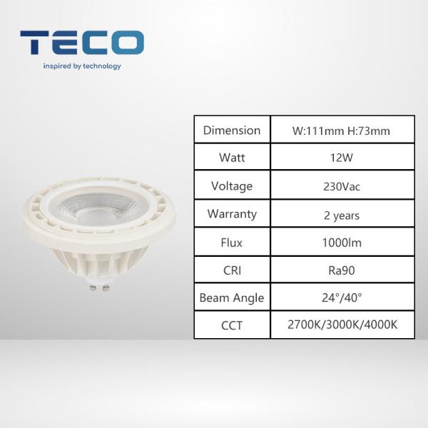 Teco AR111 ES111 ampoules projecteur avec Gu10 Base 4000K Nature Blanc 24 degrés 25000 heures