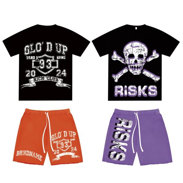 Casual Daily Life 2 Piece Set Mens Vintage Washed Acid Wash Sweat Shorts And T Shirts