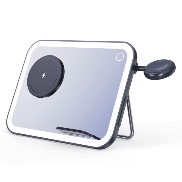 Qi2 Phone Watch Earbud Charger LED Light Lamp Station 3 In 1 Magnetic Wireless Lighted Makeup Mirror