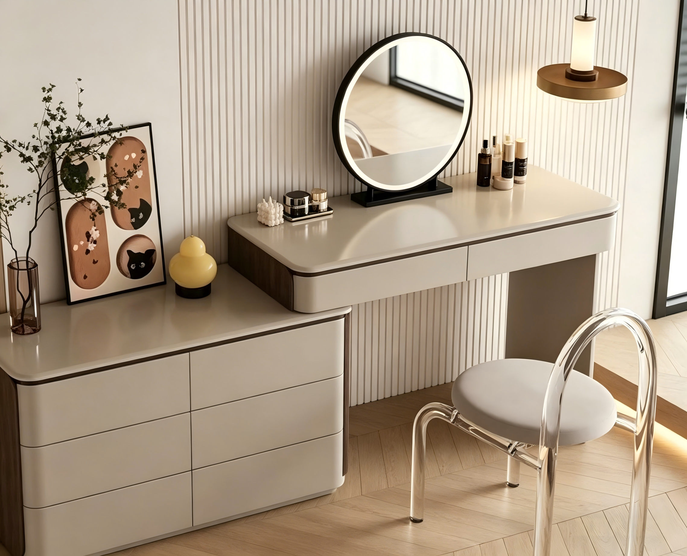 Modern Walnut Accent Vanity Dresser Combo LED Makeup Vanity