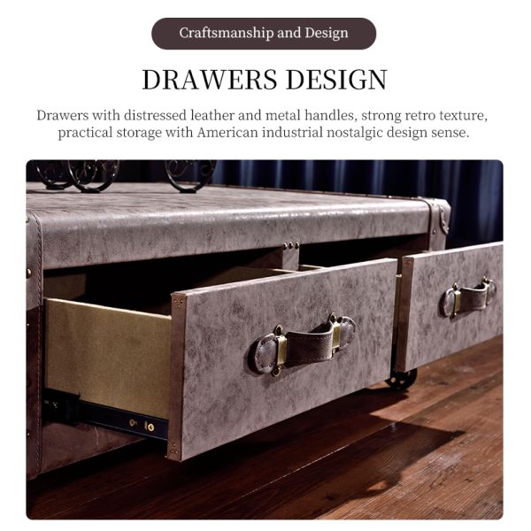 Nidea #8649 American Retro Old Leather Suitcase Double Drawer Coffee Table Cabinet Whiskey  Bar Hotel Personalized Handmade Coffee