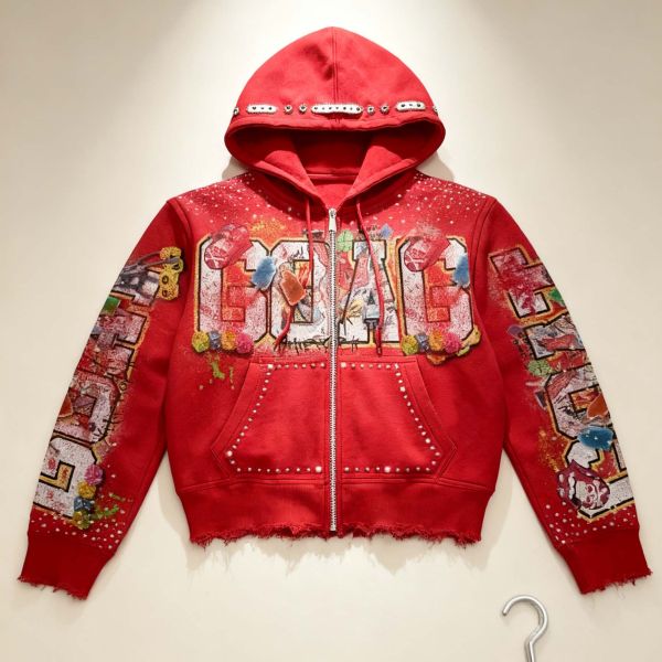 Manufacturer Custom Men's Designer Heavyweight Acid Wash Rhinestone Hoodie Distressed Zip up Cropped Oversized Streetwear Hoodie