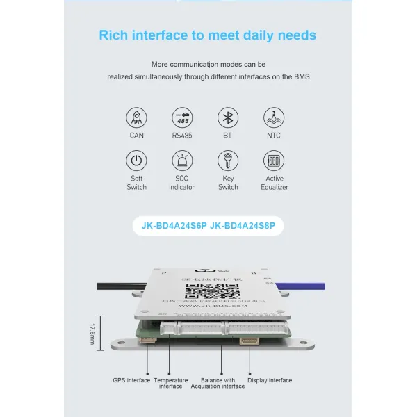 Jk BMS Bd4a24s6p 4A 24s 60A Active Balance LiFePO4 Lithium Battery BMS Bd4a24s6p