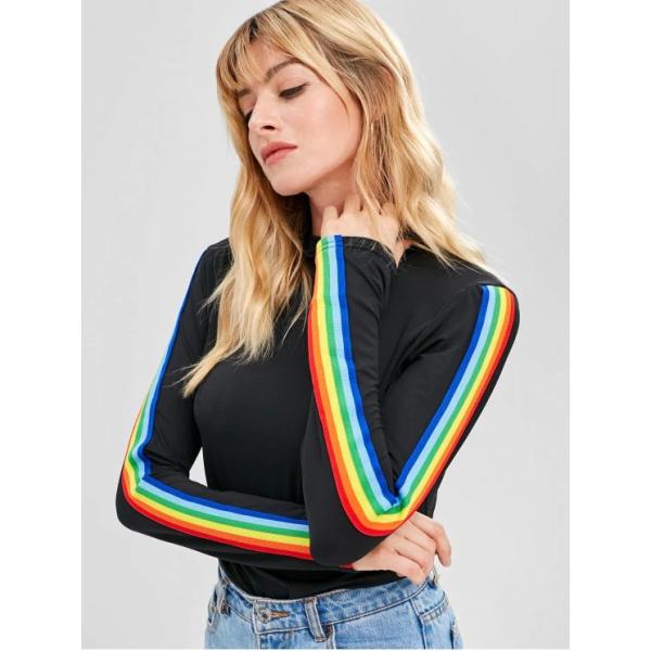 New Fashion Rainbow Stripe Long Sleeve Cotton T Shirt