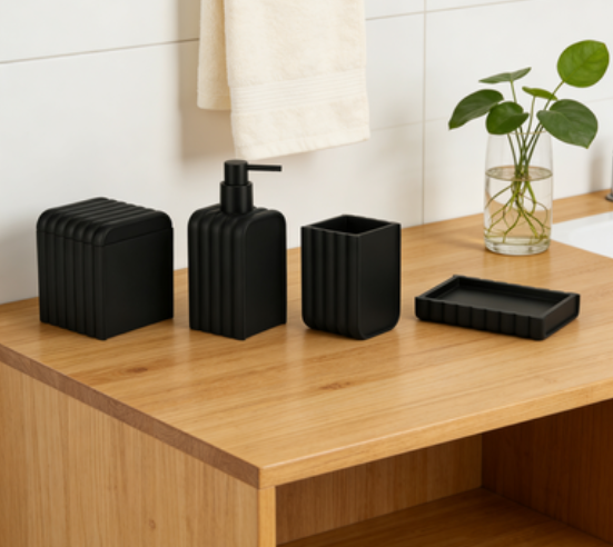 Polyresin bathroom accessories set square soft touch soap dispenser soap dish tumbler cotton jar