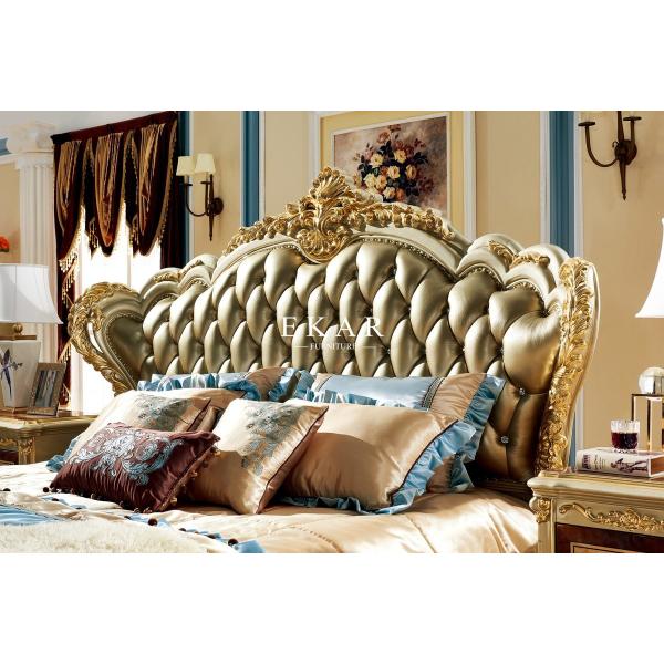 Royal Wooden Carved Design Luxury Leather Headboard King Size Bed LF-029