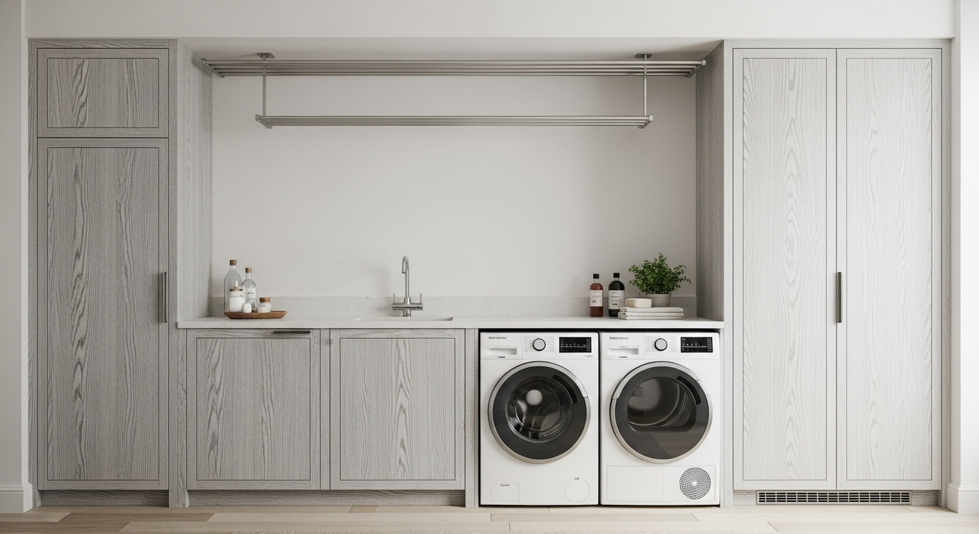Whitewashed Ash Laundry Cabinet with Drying Rack in 304 Stainless Steel
