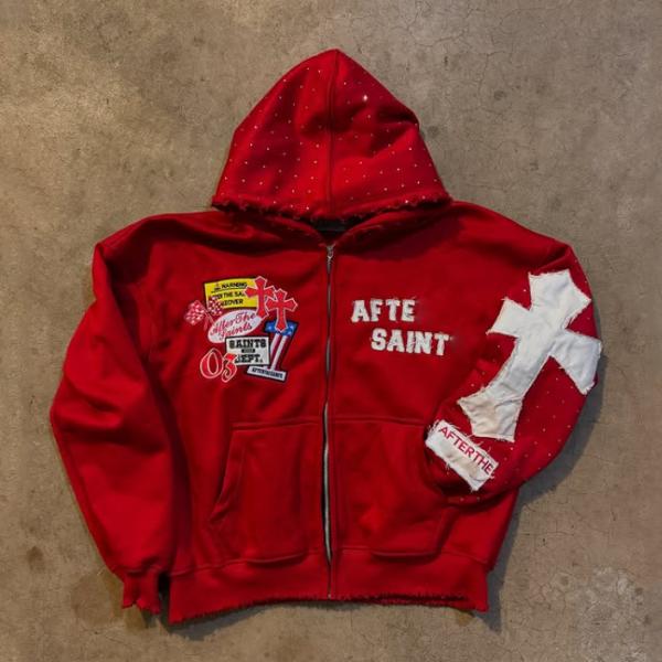 Custom Autumn Winter Distressed Embroidery Rhinestone Heavyweight 500 Gsm French Terry Boxy Oversized Zip up Hoodie