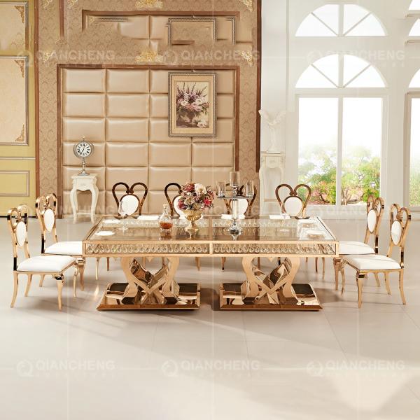 Rose Golden 244x122x75cm Glass Metal Dining Table With Crystal Pendant