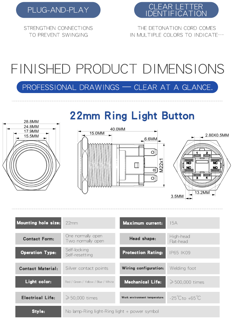 22MM10A High-Current Metal Push Button Switch with Light, Self-Reset and Self-Locking, Normally Open and Normally Closed
