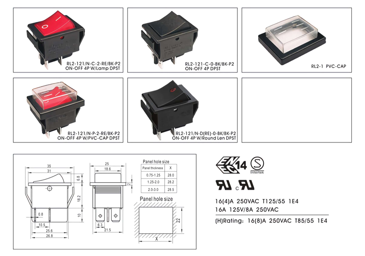 On off 121 16A 250VAC DPST Rocker Switch RL2 for Switching Circuits