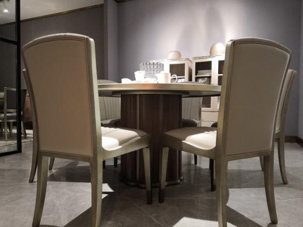 Luxury dining room furniture circle table on golden leaf painting with Stainless steel legs used by Beech wood chairs