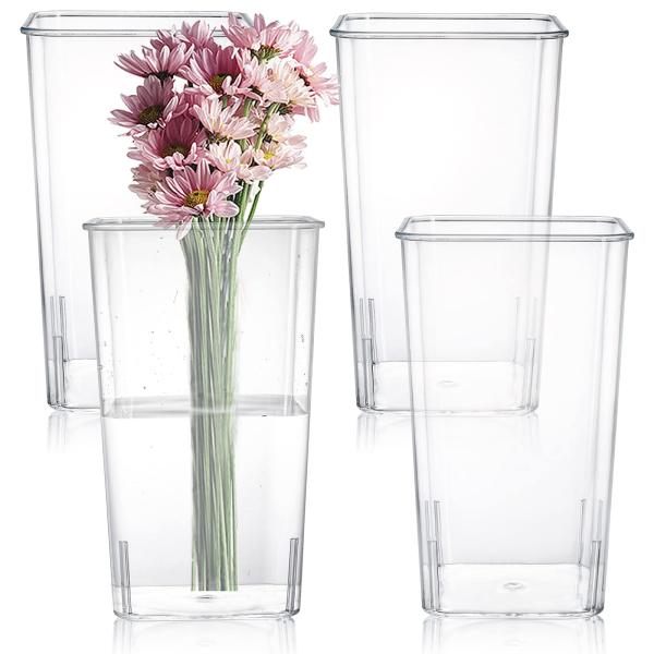 Countertop 4 Pack Clear Acrylic Flower Vase , Square Tapered Design Acrylic Vase Stand