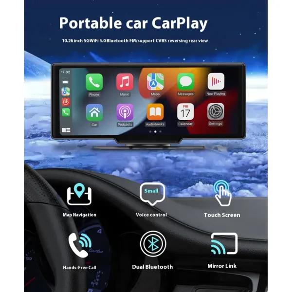 10.26 Inch Wireless Carplay Portable Car Navigation Screen for Apple Android