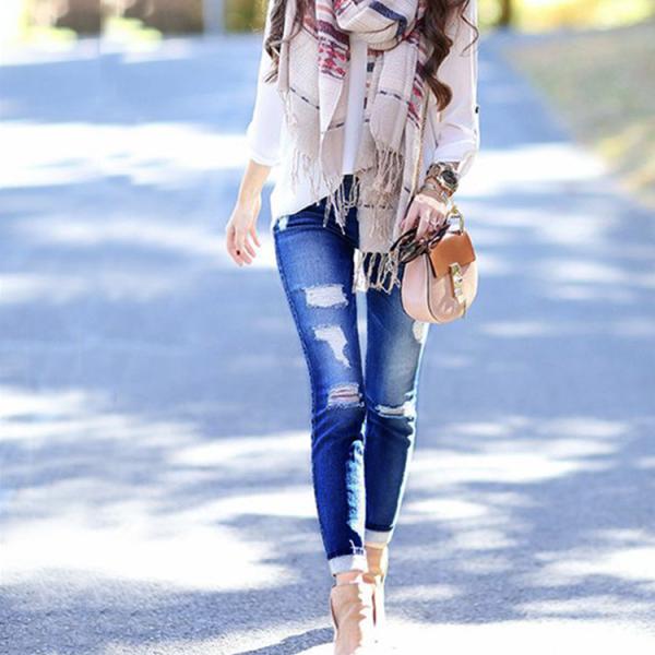 Waistband Tassel Color Fade Proof High Quality High Waisted Skinny Pencil Jeans Woman Elastic Jeans