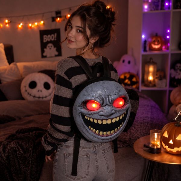 Creepy Monster Face LED Backpack with Glowing Red Eyes, Realistic Cracked Stone Texture, Circular Halloween Cosplay Bag for Party, Trick-or-Treat, and Scary Costume Fans