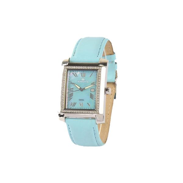Rectangle Blue Leather Quartz Watch Stainless Steel Case MOP Dial