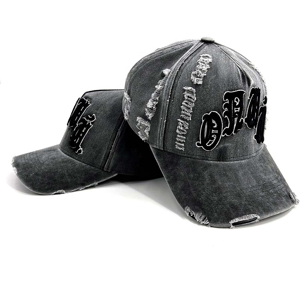 Custom A frame Denim Baseball Caps Fabric 3D Embroidered 5 pane Deniml Two tone