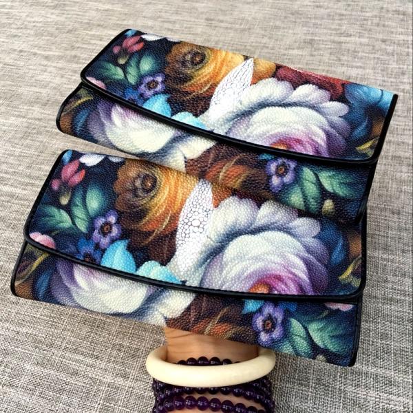 Thailand Authentic Stingray Skin Women's Long Trifold Wallet Genuine Leather Female Flower Clutch Lady Large Card Purse