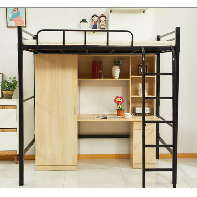 Queen Size Metal Loft Bunk Bed with Wooden Cabinet Modern Design and Hotel Style