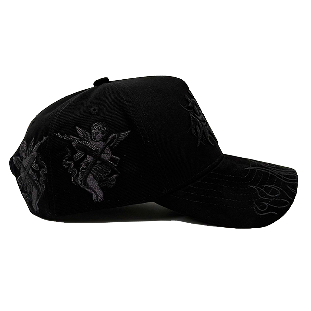 3D Embroidery Black On Black Baseball Caps Fire Flame Suede Visor Premium Angel Embroider Metal Tag Silk Lined
