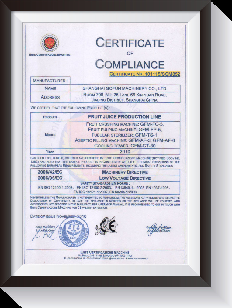 Shanghai Gofun Machinery Co., Ltd. Сертификации