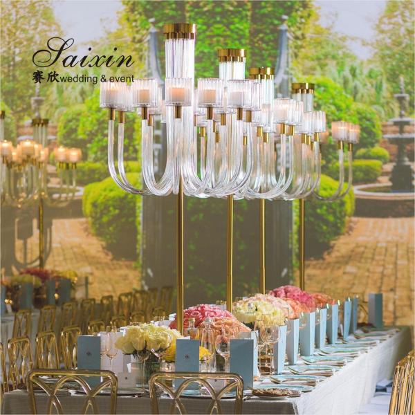 Saixin nuevo diseño gran soporte de metal de oro 10 brazos candelabro de vidrio para los centros de la boda