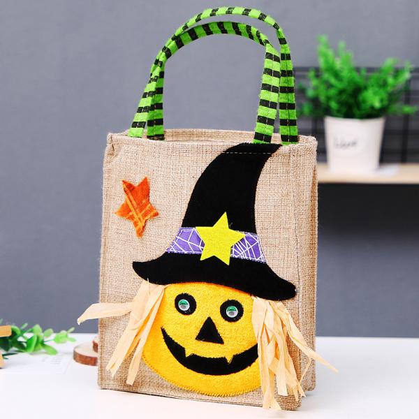 Open Closure Reusable Halloween Pumpkin Witch Skeleton Linen Bag for Candy Collection