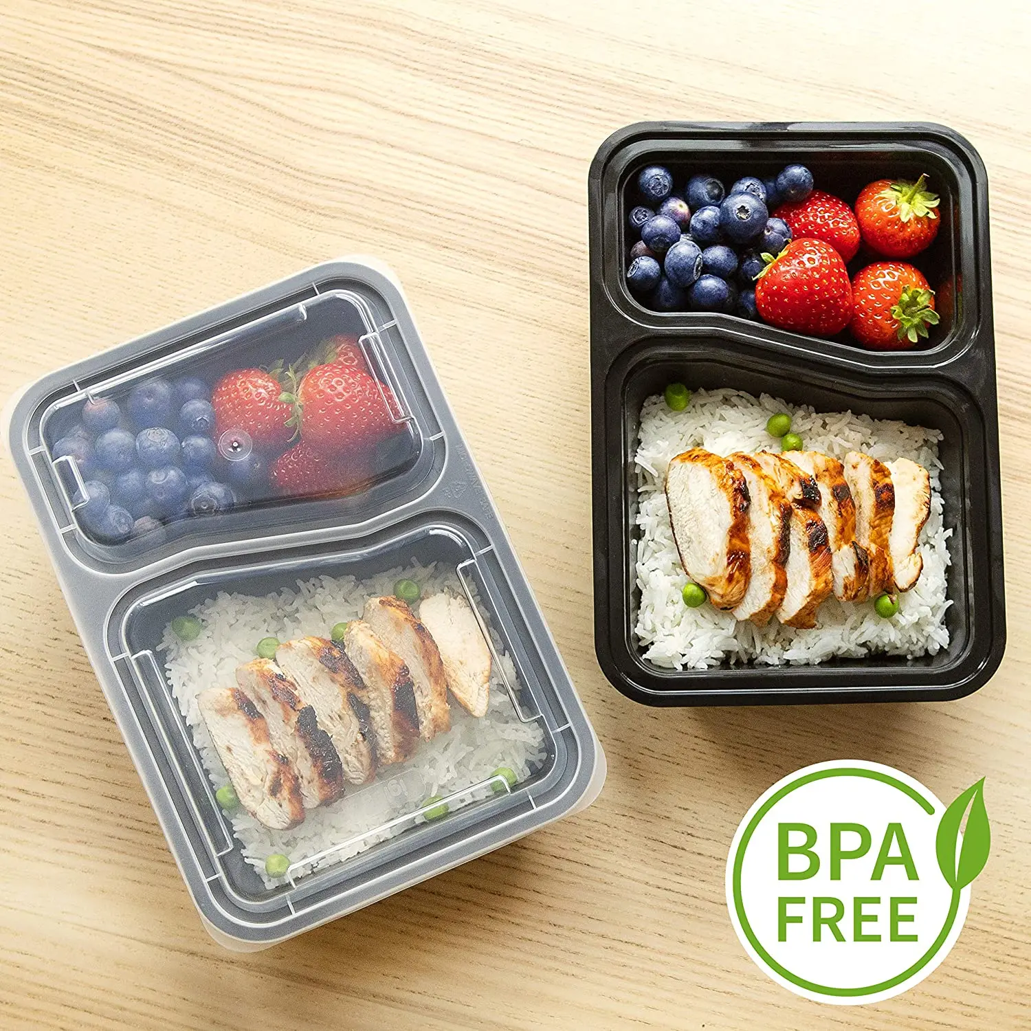 2 Compartment BPA Free Lunch Boxes Rectangular Meal Prep Containers for Food Storage