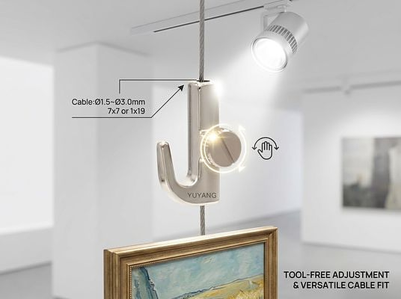 J-Type Brass Adjustable Wire Rope Clip with Hook Gripper, Hanging Kit for Lights, Art Frames, Pictures & Panels