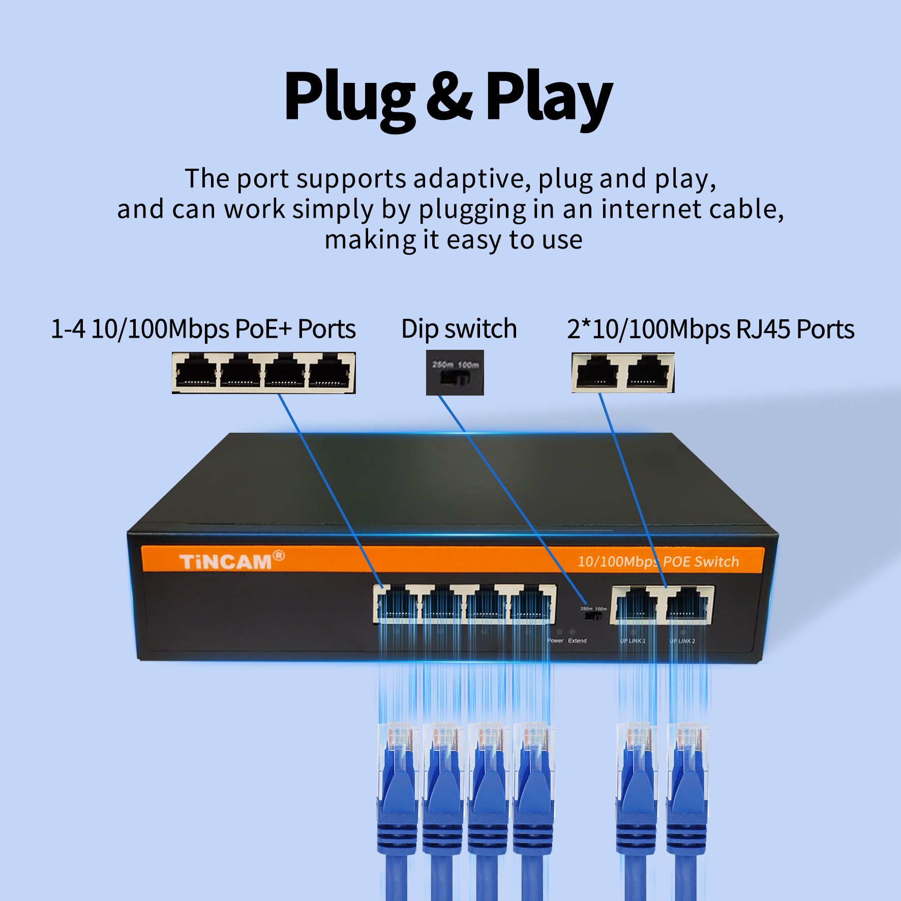 6 Port Fast Ethernet PoE Switch 4 PoE Ports 2 Uplink Ports 10/100Mbps Unmanaged IEEE 802.3af/at 250m Extend Metal Case TBC-PS4306N