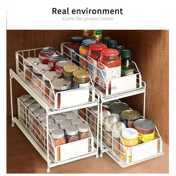 Under Sink Storage Shelf 2 Tier Bathroom Organizer Multi-Purpose Desktop Spice Rack Bottom Pull Out Drawer for Kitchen Cabinet