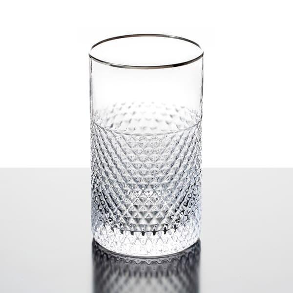 Diamond Cut Highball Glass Drinking Cups Gold Silver Rimmed 18 Ounce Mouth Blown