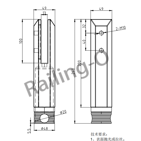 Stainless Steel Square Balustrade Spigot 240mm Friction Fit for Frameless Glass Railing Systems QAB-S019.240